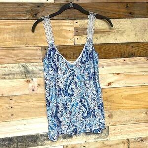T Tahari size small blue paisley with lace straps tank blouse